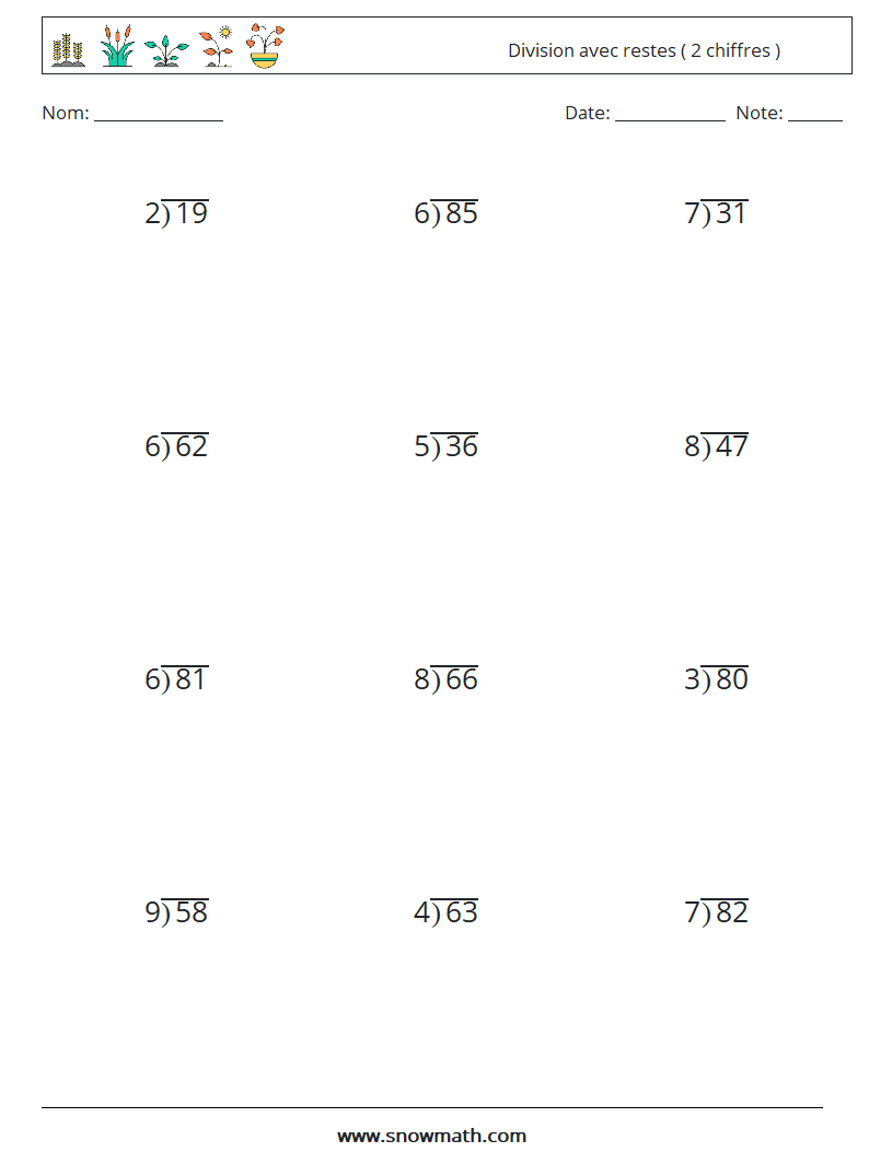 (12) Division avec restes ( 2 chiffres ) Fiches d'Exercices de Mathématiques 18