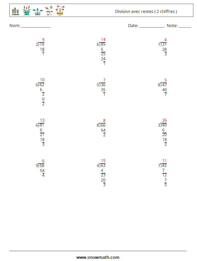 (12) Division avec restes ( 2 chiffres ) Fiches d'Exercices de Mathématiques 18 Question, Réponse