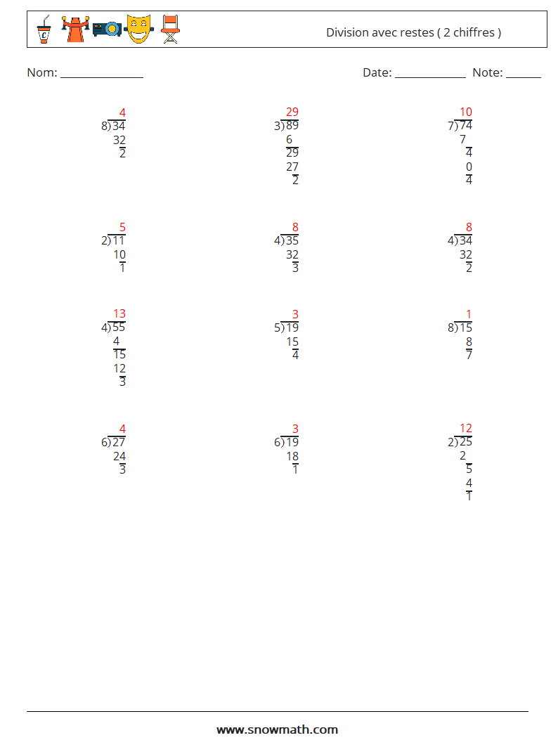 (12) Division avec restes ( 2 chiffres ) Fiches d'Exercices de Mathématiques 1 Question, Réponse