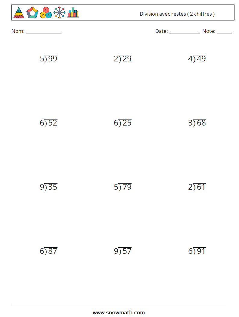 (12) Division avec restes ( 2 chiffres ) Fiches d'Exercices de Mathématiques 2