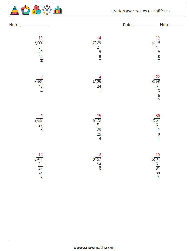 (12) Division avec restes ( 2 chiffres ) Fiches d'Exercices de Mathématiques 2 Question, Réponse