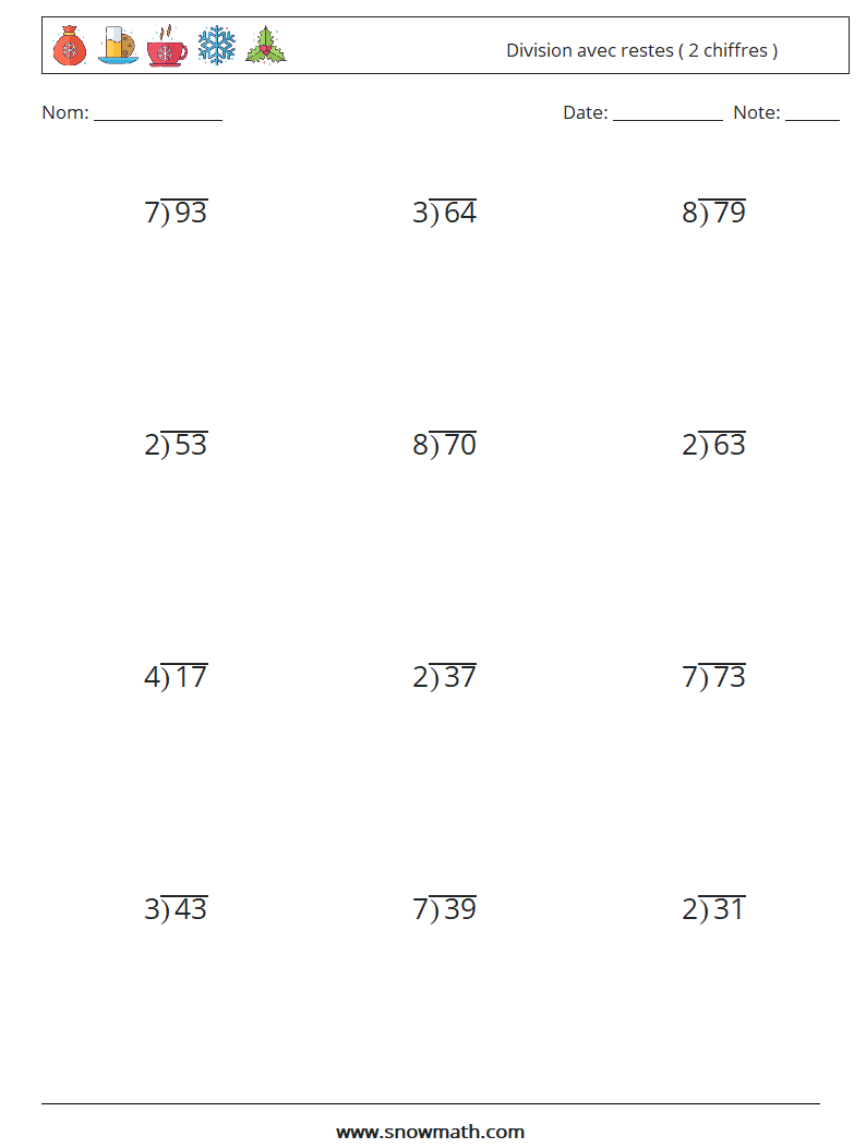 (12) Division avec restes ( 2 chiffres ) Fiches d'Exercices de Mathématiques 3