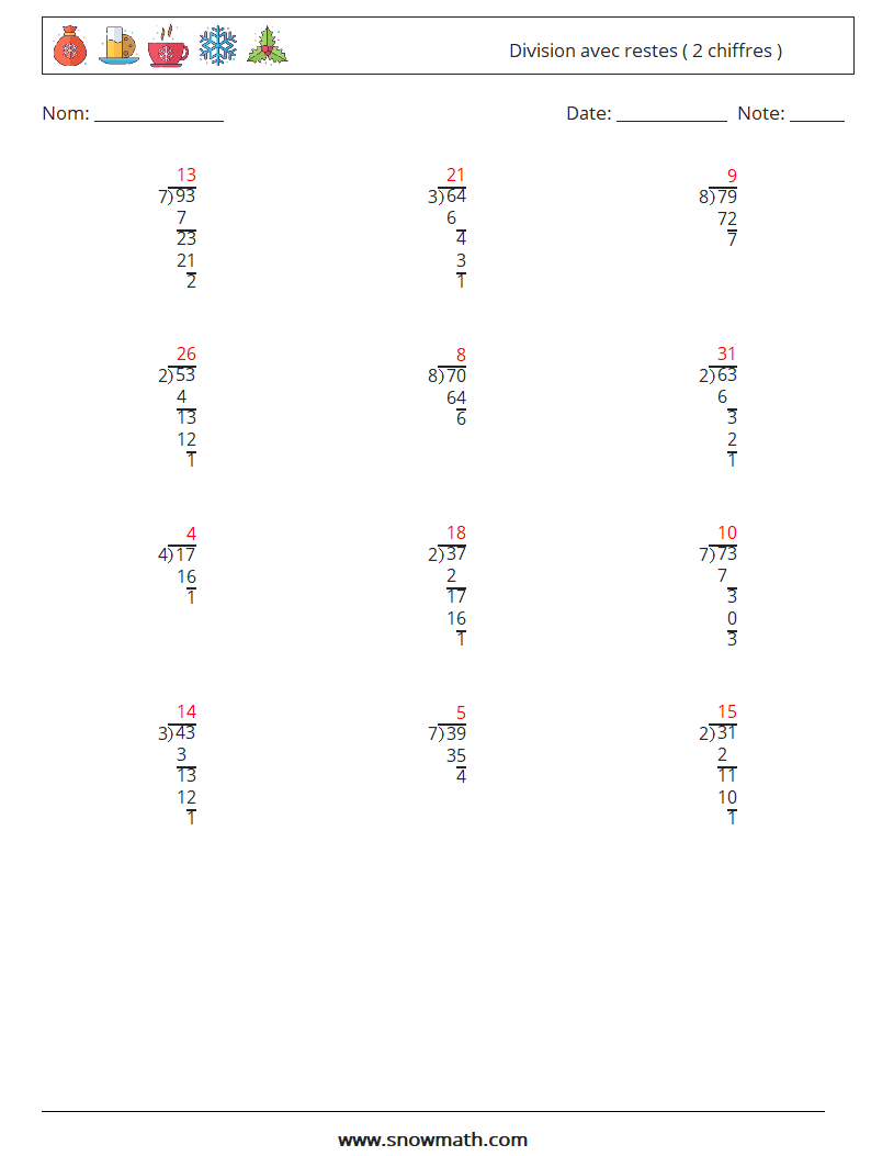 (12) Division avec restes ( 2 chiffres ) Fiches d'Exercices de Mathématiques 3 Question, Réponse