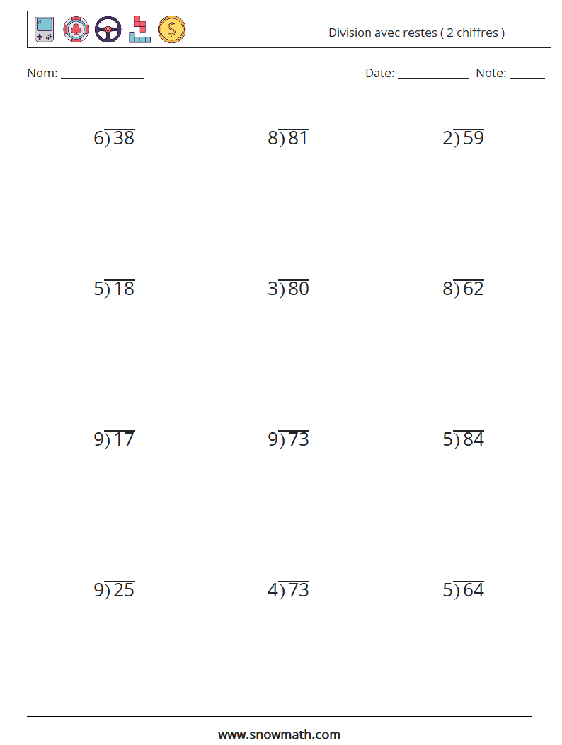 (12) Division avec restes ( 2 chiffres ) Fiches d'Exercices de Mathématiques 4