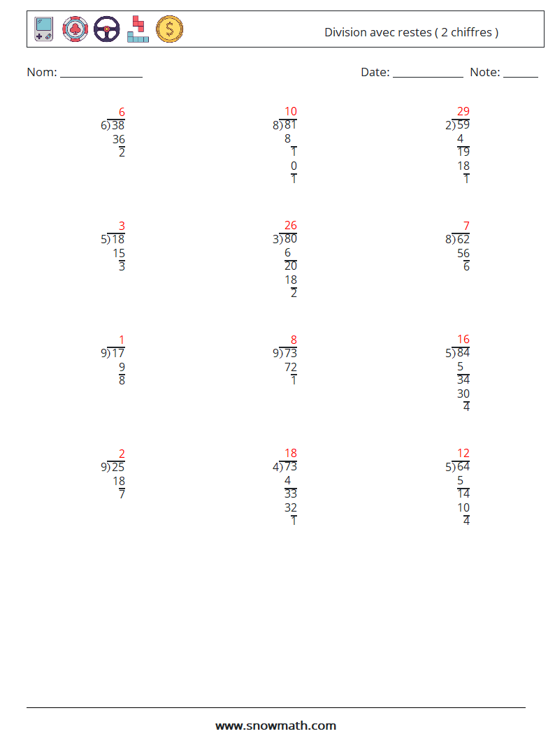 (12) Division avec restes ( 2 chiffres ) Fiches d'Exercices de Mathématiques 4 Question, Réponse