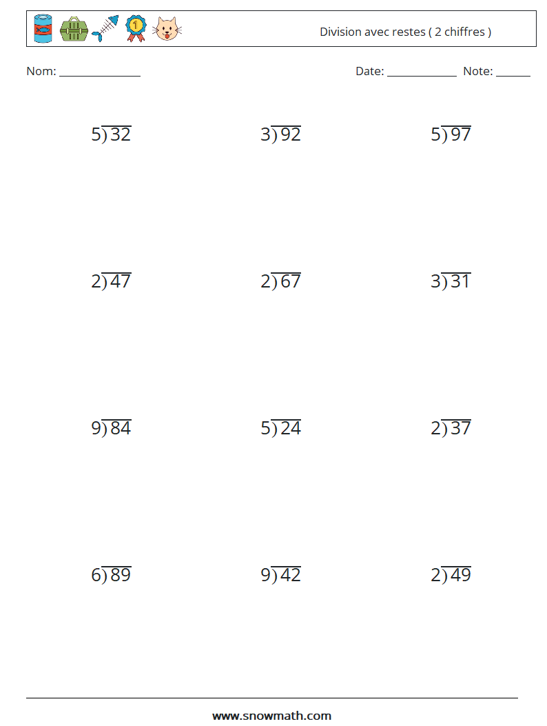 (12) Division avec restes ( 2 chiffres ) Fiches d'Exercices de Mathématiques 5