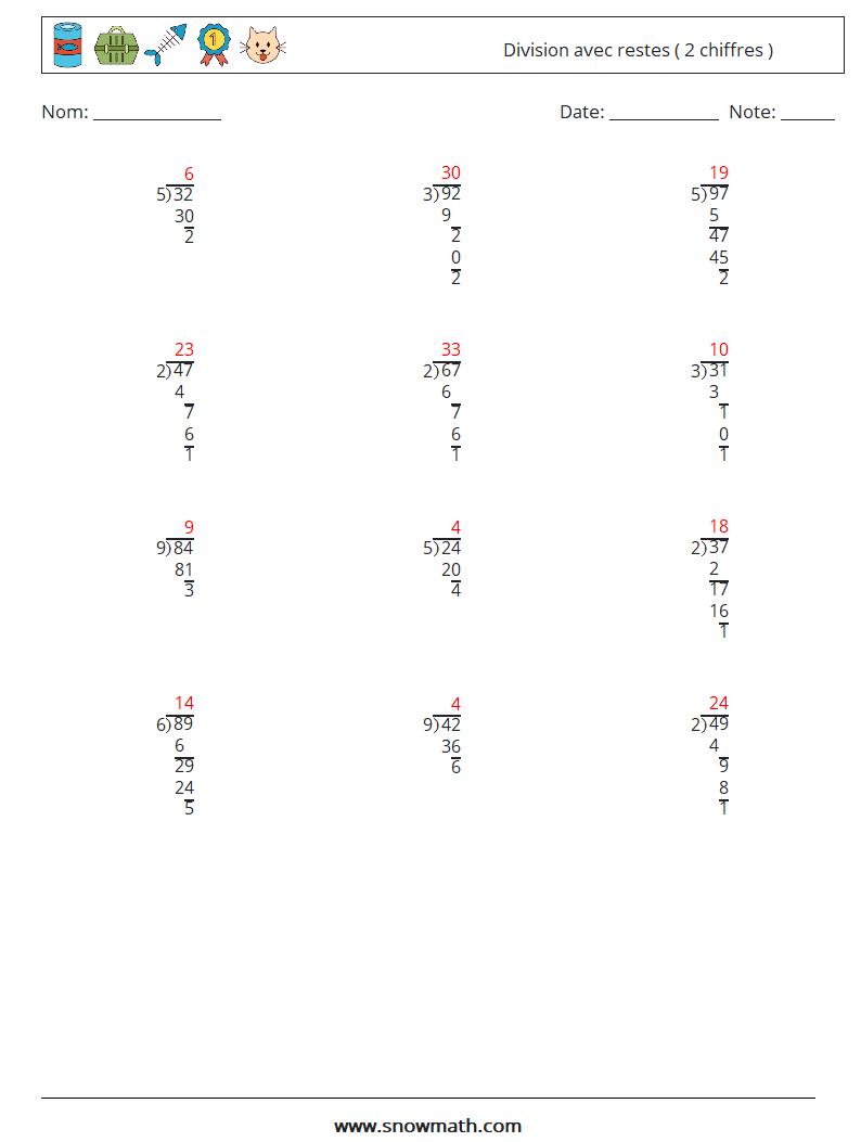 (12) Division avec restes ( 2 chiffres ) Fiches d'Exercices de Mathématiques 5 Question, Réponse
