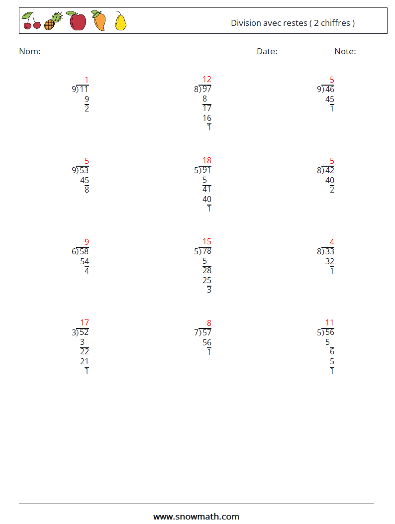 (12) Division avec restes ( 2 chiffres ) Fiches d'Exercices de Mathématiques 6 Question, Réponse