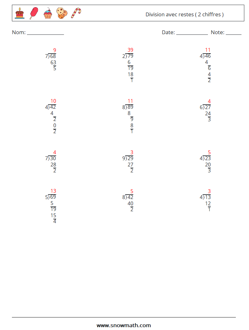 (12) Division avec restes ( 2 chiffres ) Fiches d'Exercices de Mathématiques 7 Question, Réponse