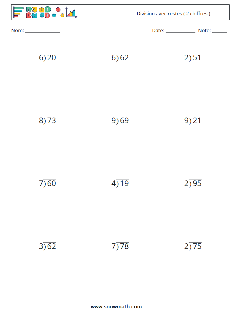 (12) Division avec restes ( 2 chiffres ) Fiches d'Exercices de Mathématiques 8