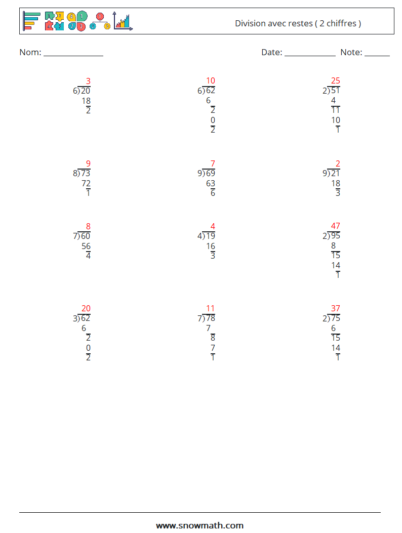 (12) Division avec restes ( 2 chiffres ) Fiches d'Exercices de Mathématiques 8 Question, Réponse