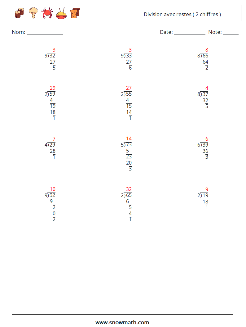 (12) Division avec restes ( 2 chiffres ) Fiches d'Exercices de Mathématiques 9 Question, Réponse