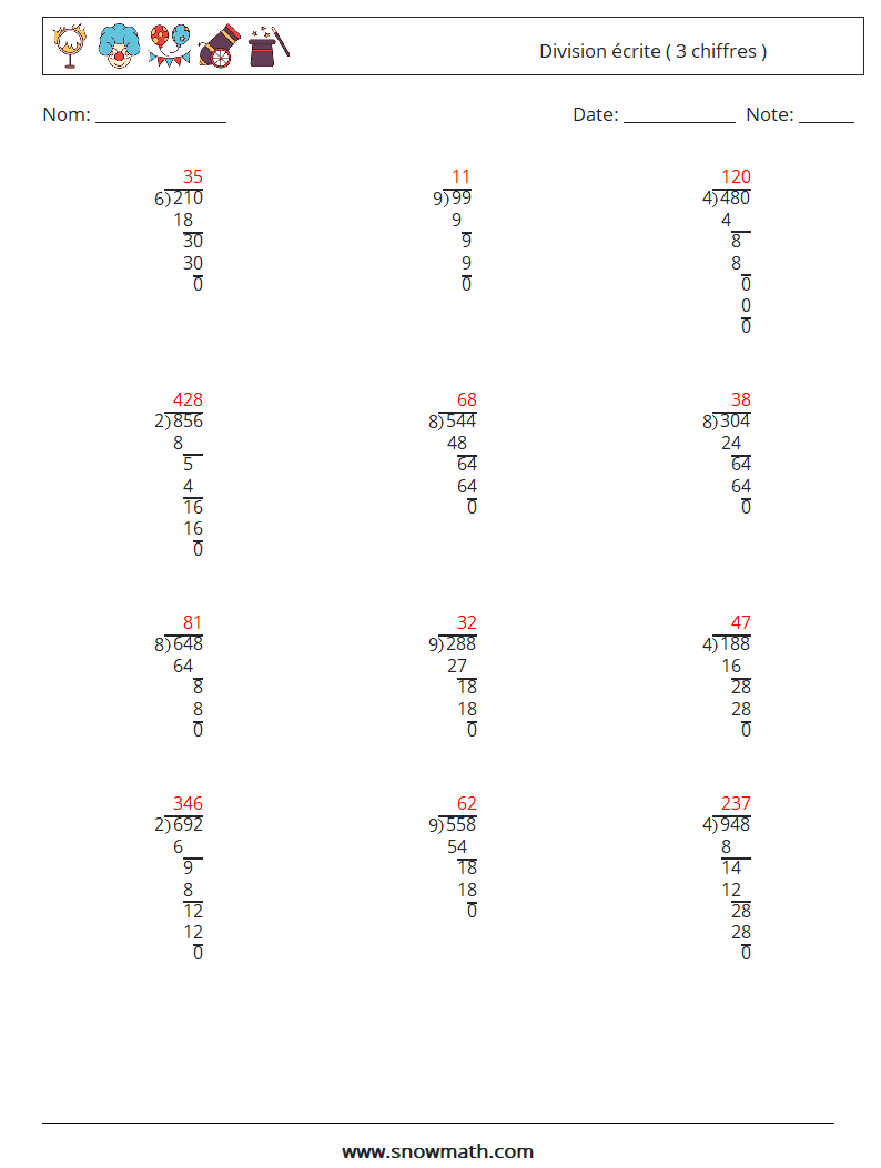 (12) Division écrite ( 3 chiffres ) Fiches d'Exercices de Mathématiques 10 Question, Réponse