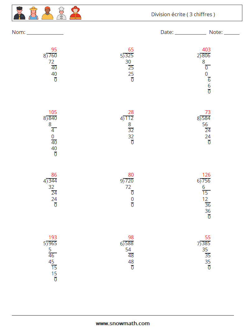 (12) Division écrite ( 3 chiffres ) Fiches d'Exercices de Mathématiques 11 Question, Réponse