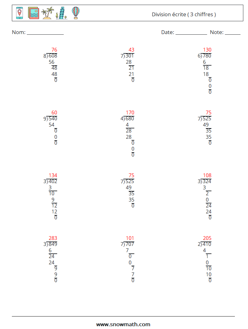 (12) Division écrite ( 3 chiffres ) Fiches d'Exercices de Mathématiques 12 Question, Réponse