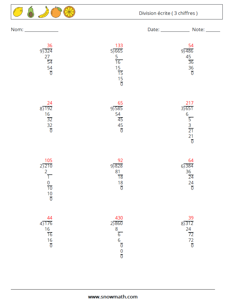 (12) Division écrite ( 3 chiffres ) Fiches d'Exercices de Mathématiques 13 Question, Réponse