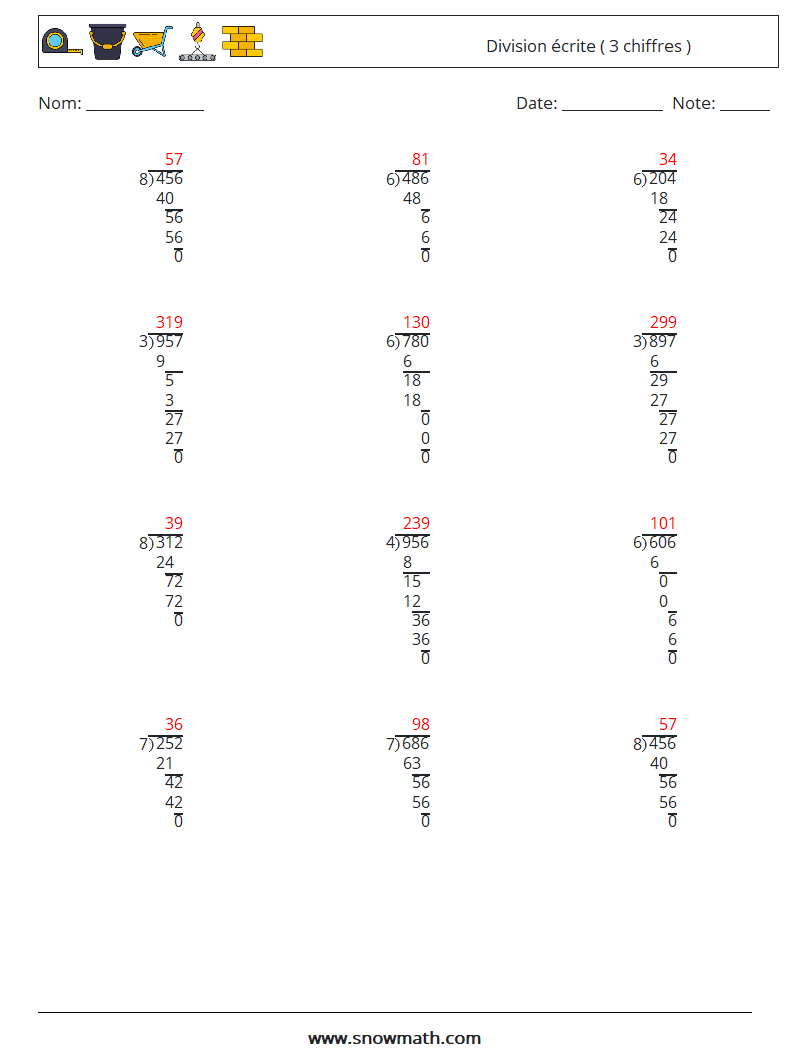 (12) Division écrite ( 3 chiffres ) Fiches d'Exercices de Mathématiques 14 Question, Réponse