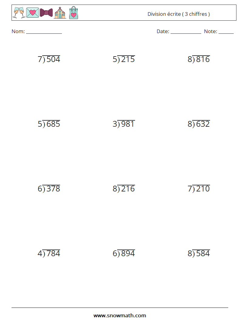 (12) Division écrite ( 3 chiffres ) Fiches d'Exercices de Mathématiques 15