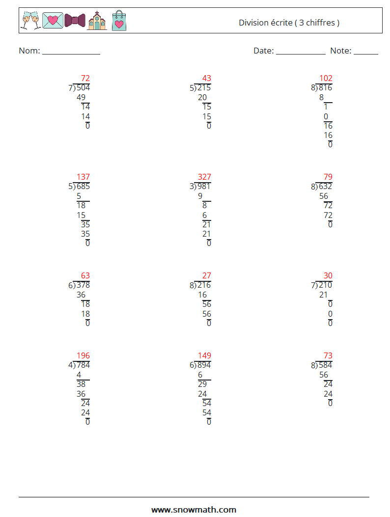 (12) Division écrite ( 3 chiffres ) Fiches d'Exercices de Mathématiques 15 Question, Réponse