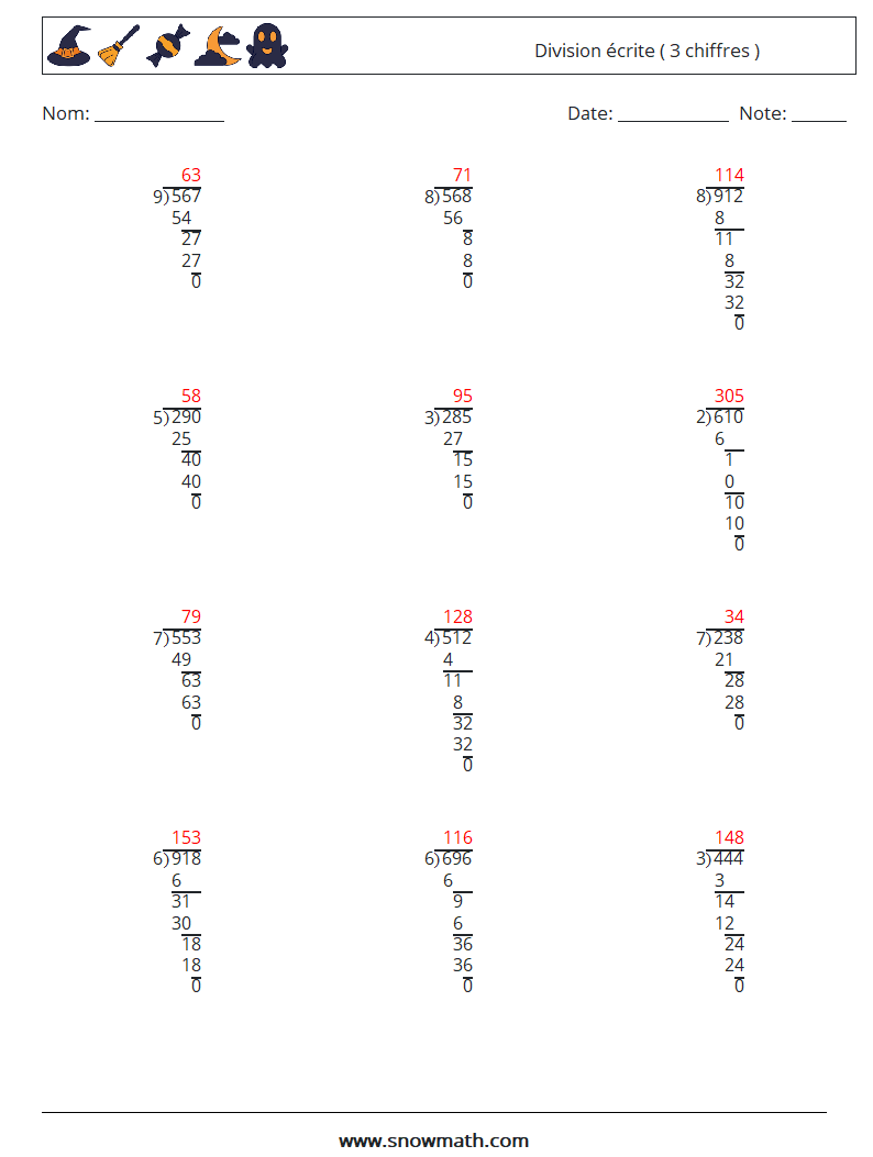 (12) Division écrite ( 3 chiffres ) Fiches d'Exercices de Mathématiques 17 Question, Réponse