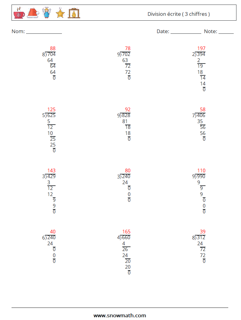 (12) Division écrite ( 3 chiffres ) Fiches d'Exercices de Mathématiques 18 Question, Réponse