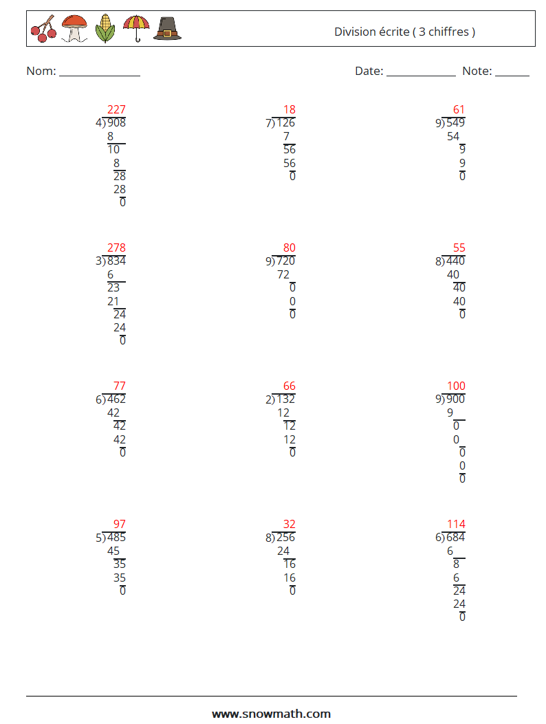 (12) Division écrite ( 3 chiffres ) Fiches d'Exercices de Mathématiques 1 Question, Réponse