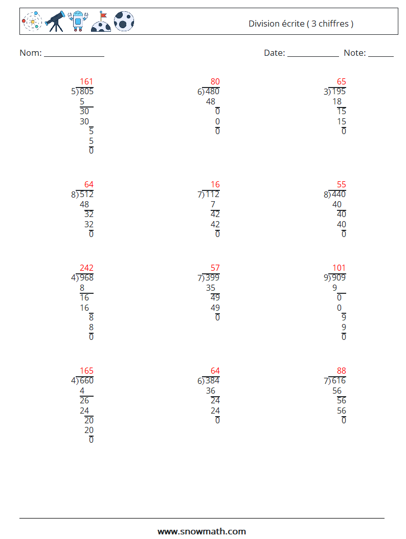 (12) Division écrite ( 3 chiffres ) Fiches d'Exercices de Mathématiques 2 Question, Réponse