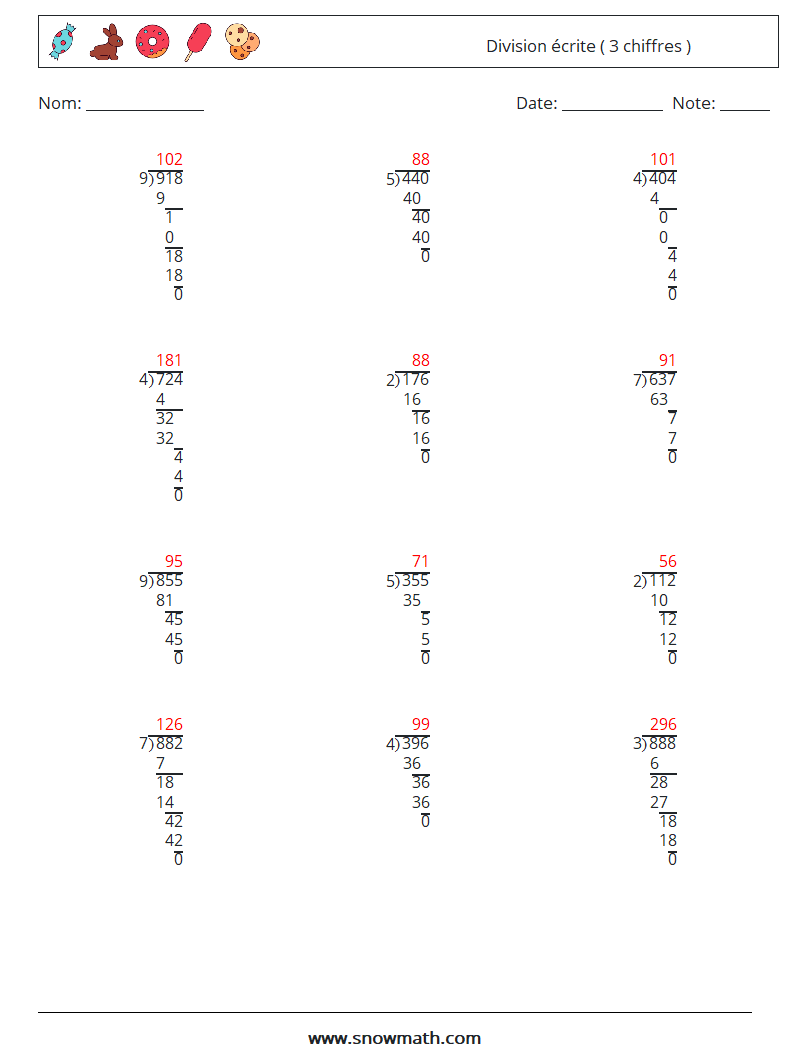 (12) Division écrite ( 3 chiffres ) Fiches d'Exercices de Mathématiques 3 Question, Réponse