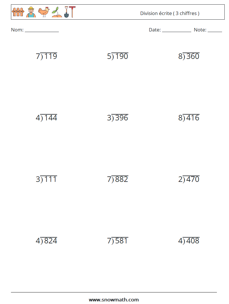 (12) Division écrite ( 3 chiffres ) Fiches d'Exercices de Mathématiques 4