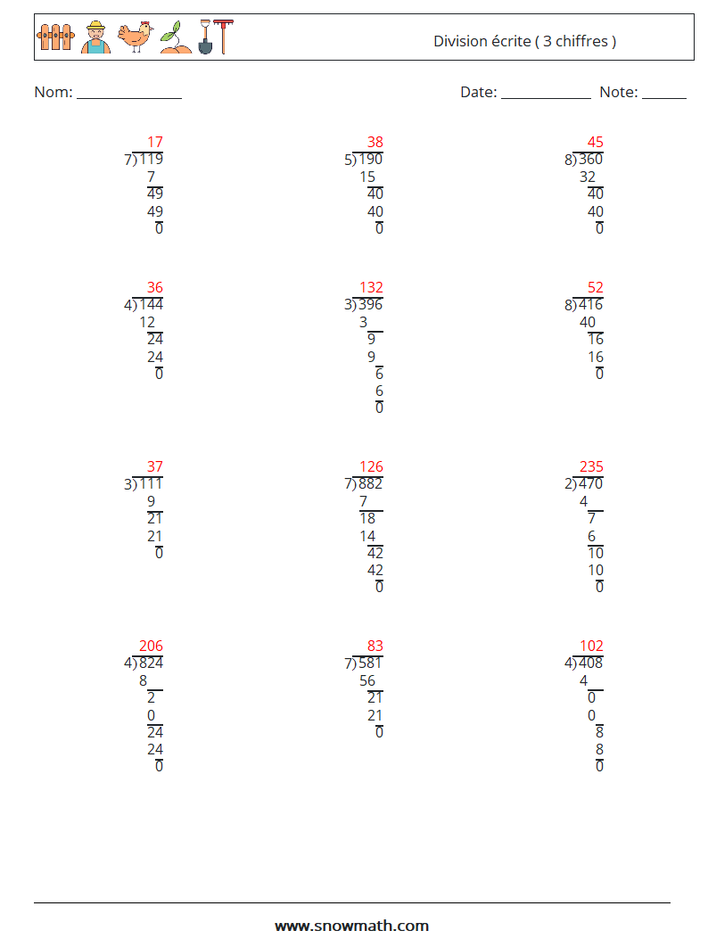 (12) Division écrite ( 3 chiffres ) Fiches d'Exercices de Mathématiques 4 Question, Réponse