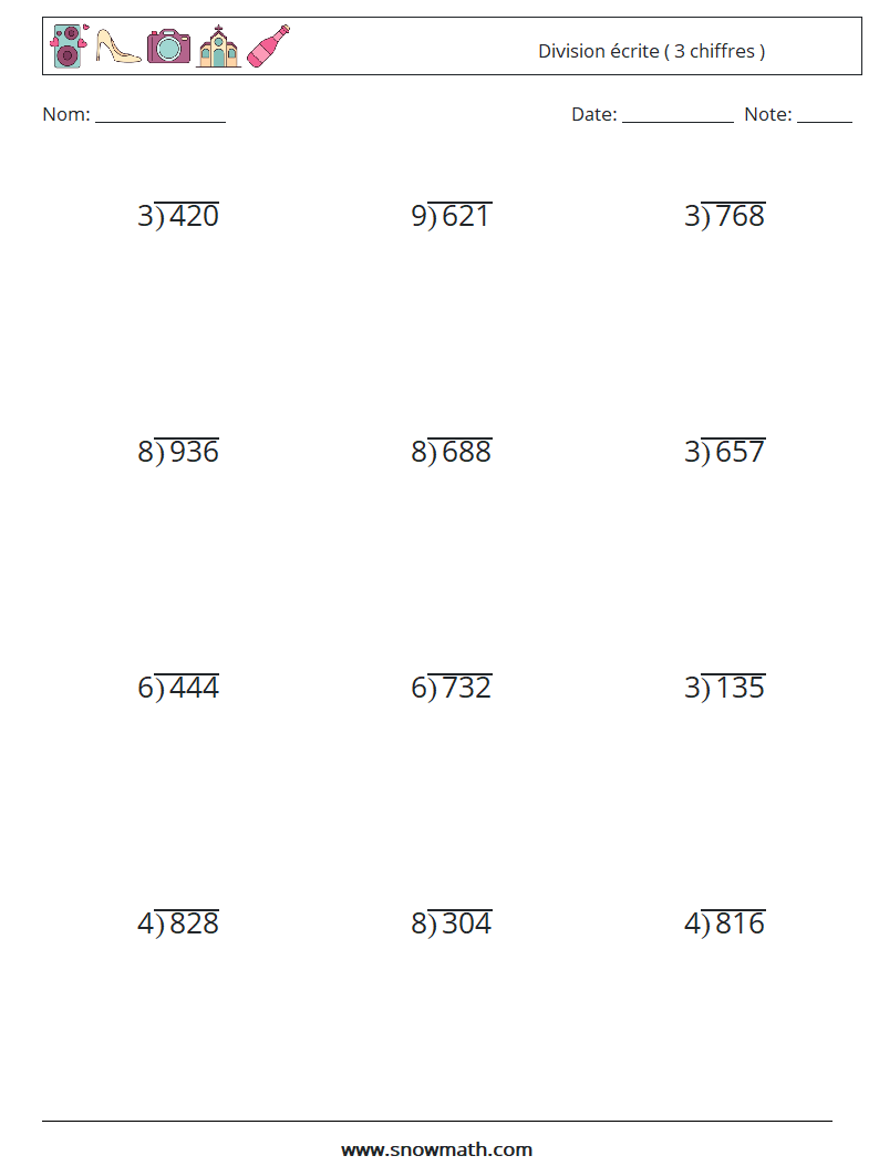 (12) Division écrite ( 3 chiffres ) Fiches d'Exercices de Mathématiques 5