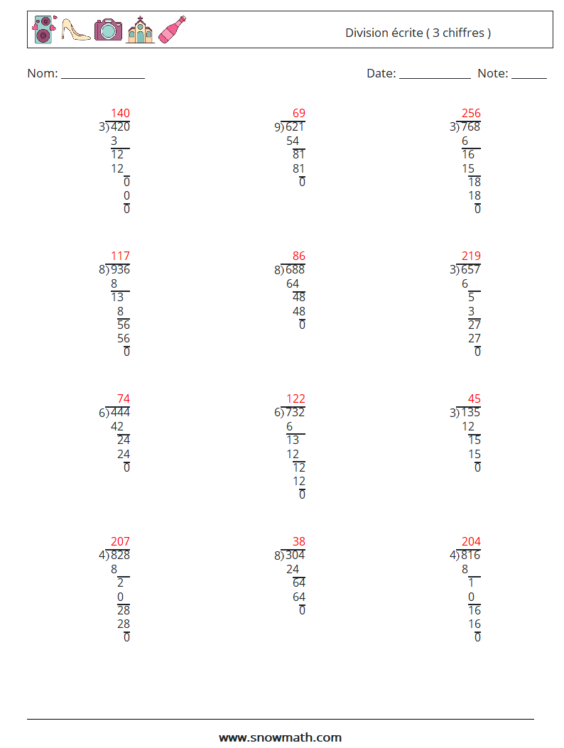 (12) Division écrite ( 3 chiffres ) Fiches d'Exercices de Mathématiques 5 Question, Réponse