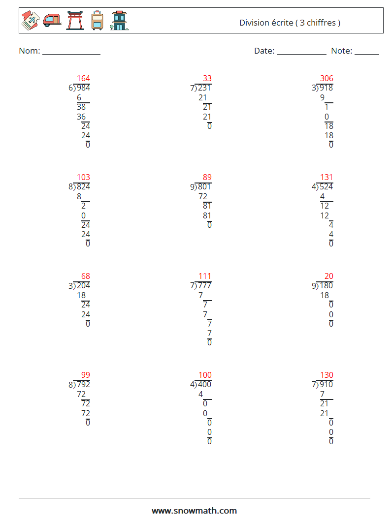 (12) Division écrite ( 3 chiffres ) Fiches d'Exercices de Mathématiques 6 Question, Réponse