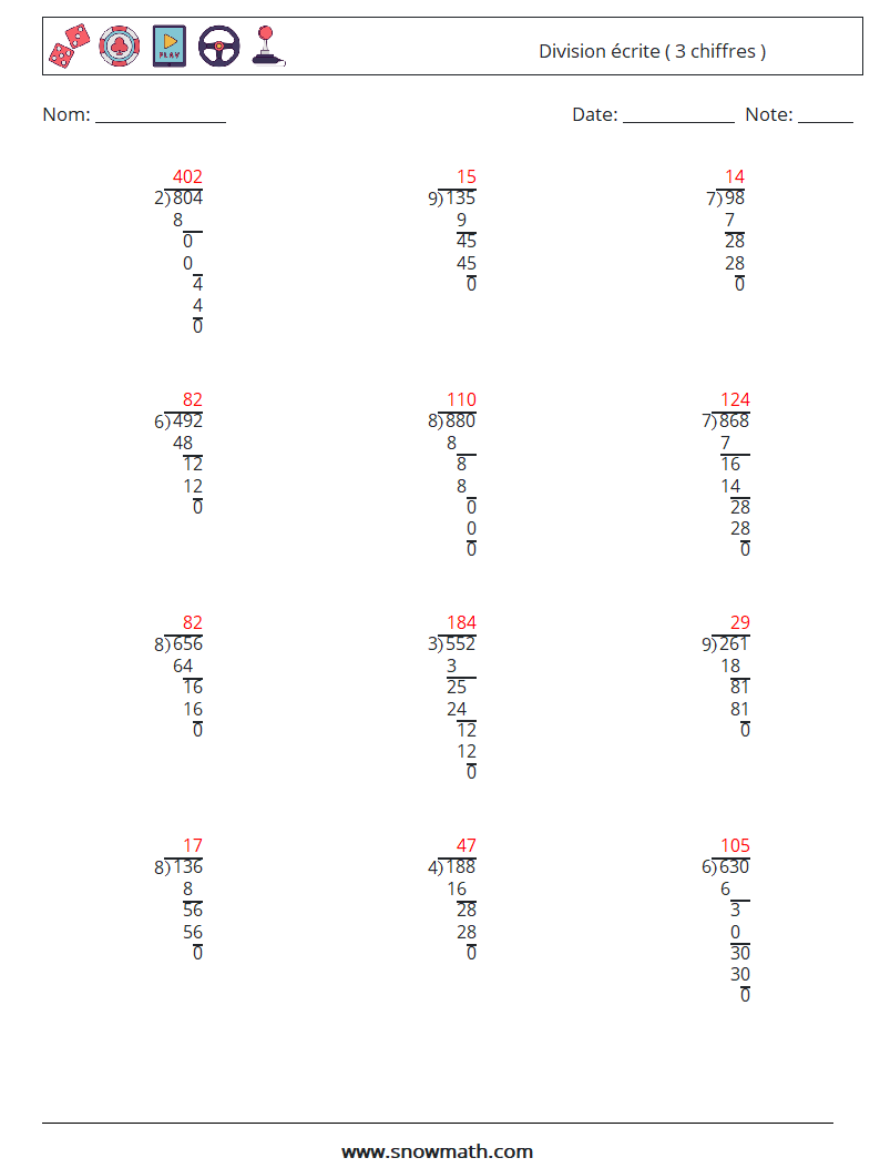 (12) Division écrite ( 3 chiffres ) Fiches d'Exercices de Mathématiques 7 Question, Réponse