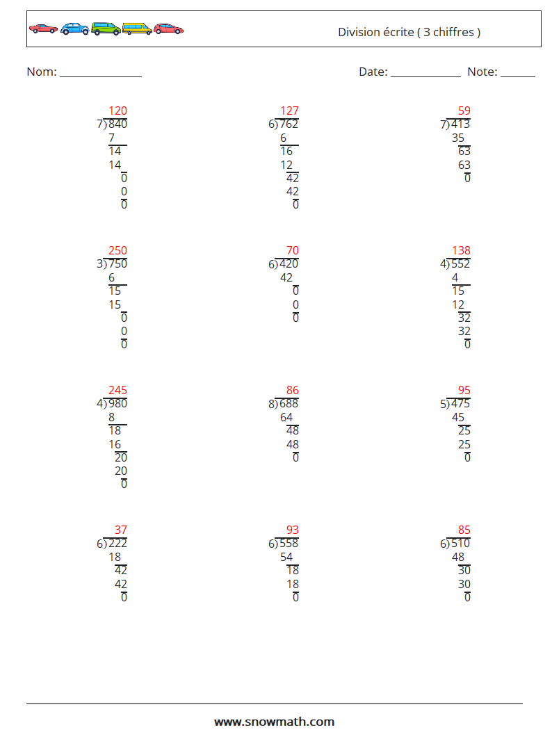 (12) Division écrite ( 3 chiffres ) Fiches d'Exercices de Mathématiques 8 Question, Réponse