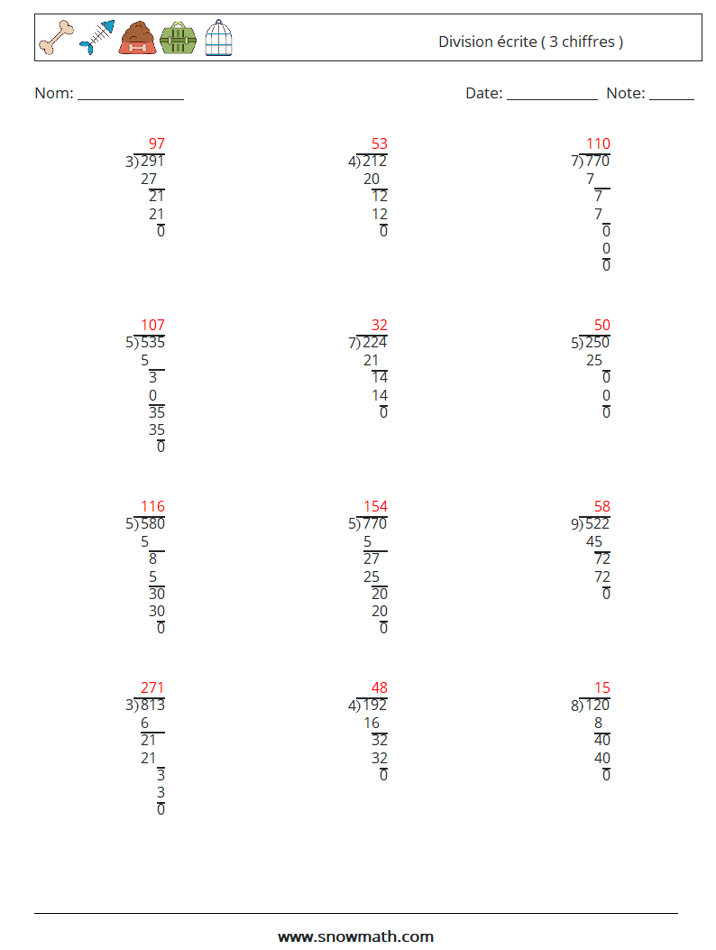 (12) Division écrite ( 3 chiffres ) Fiches d'Exercices de Mathématiques 9 Question, Réponse