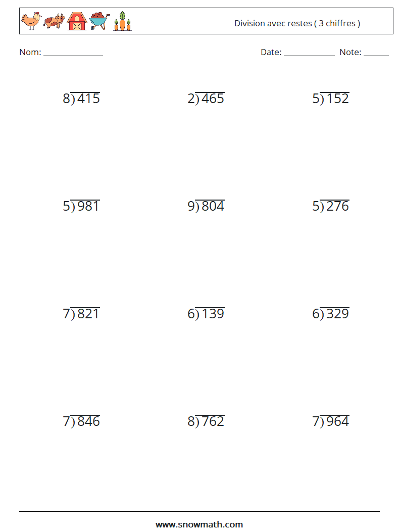 (12) Division avec restes ( 3 chiffres ) Fiches d'Exercices de Mathématiques 1