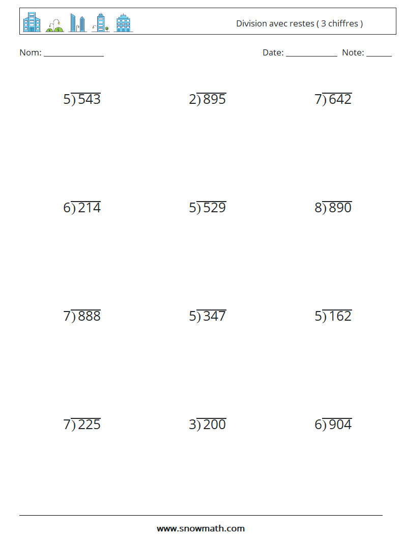 (12) Division avec restes ( 3 chiffres ) Fiches d'Exercices de Mathématiques 11