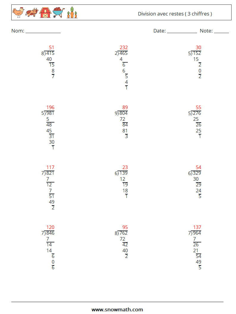 (12) Division avec restes ( 3 chiffres ) Fiches d'Exercices de Mathématiques 1 Question, Réponse