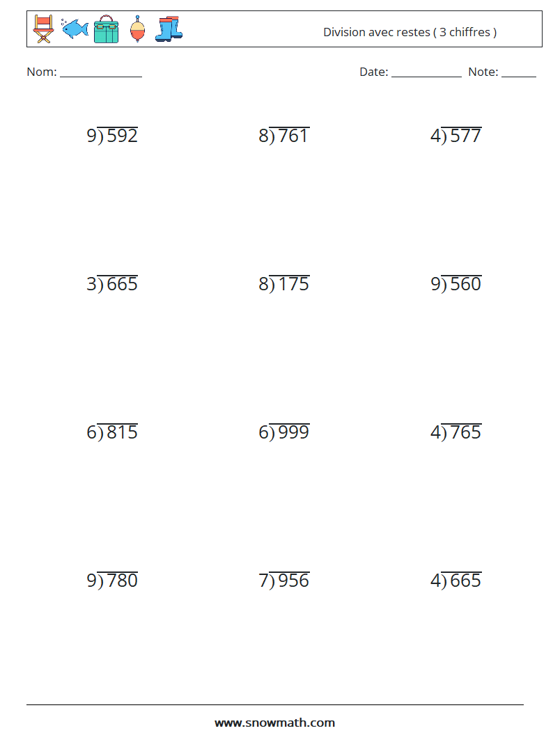 (12) Division avec restes ( 3 chiffres ) Fiches d'Exercices de Mathématiques 2