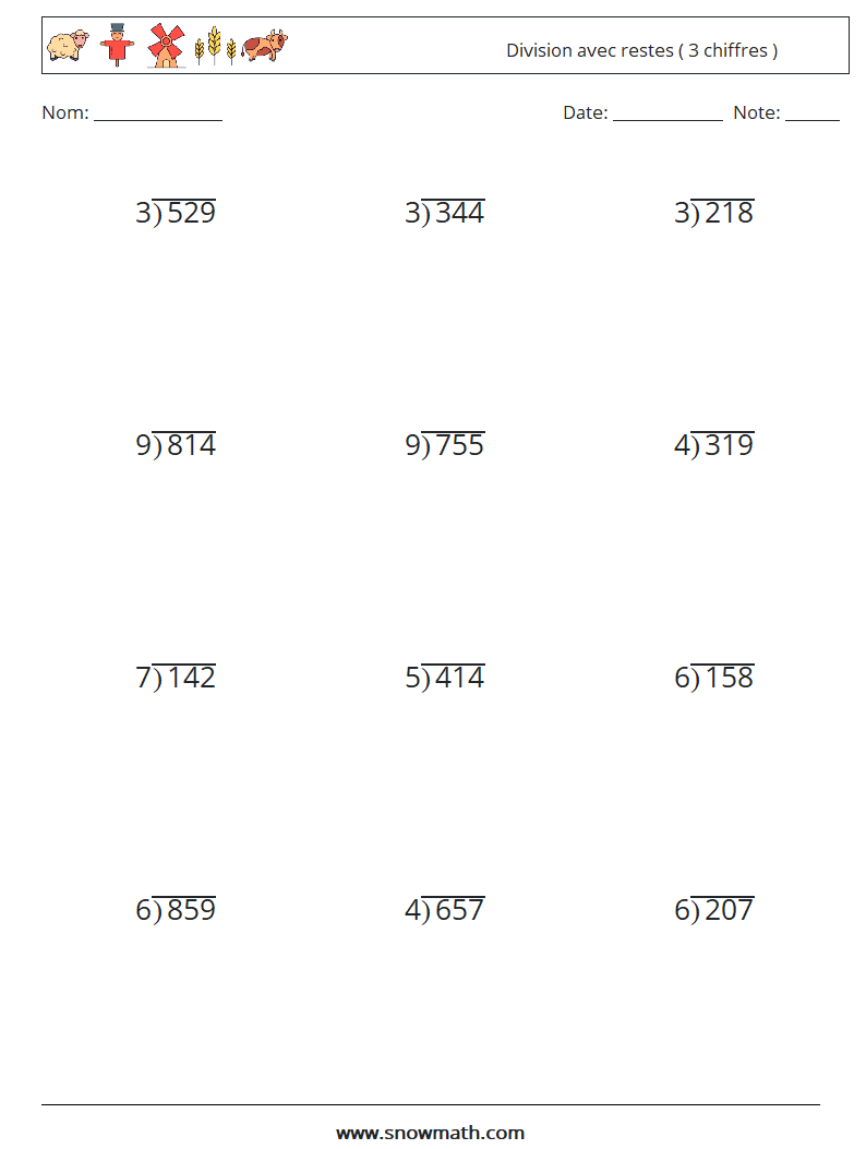 (12) Division avec restes ( 3 chiffres ) Fiches d'Exercices de Mathématiques 3