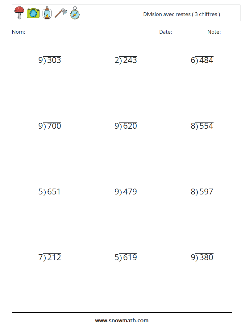 (12) Division avec restes ( 3 chiffres ) Fiches d'Exercices de Mathématiques 4