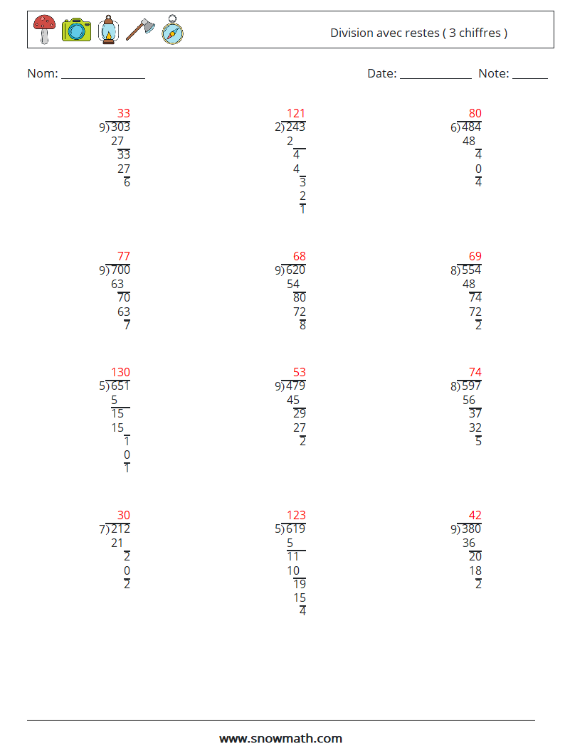 (12) Division avec restes ( 3 chiffres ) Fiches d'Exercices de Mathématiques 4 Question, Réponse