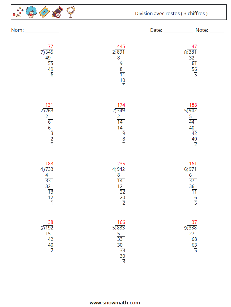 (12) Division avec restes ( 3 chiffres ) Fiches d'Exercices de Mathématiques 7 Question, Réponse