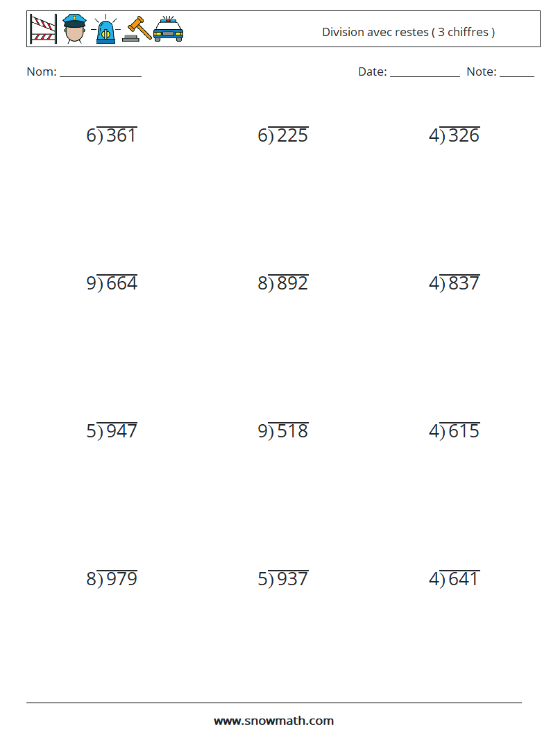 (12) Division avec restes ( 3 chiffres ) Fiches d'Exercices de Mathématiques 8