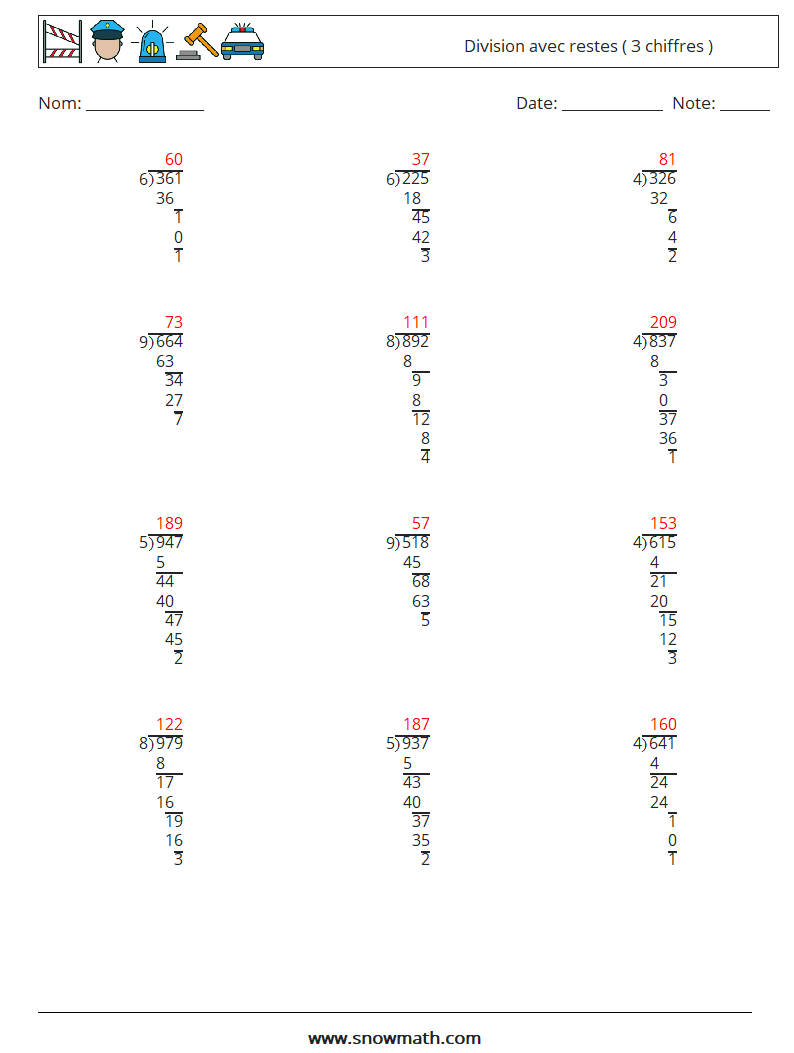 (12) Division avec restes ( 3 chiffres ) Fiches d'Exercices de Mathématiques 8 Question, Réponse
