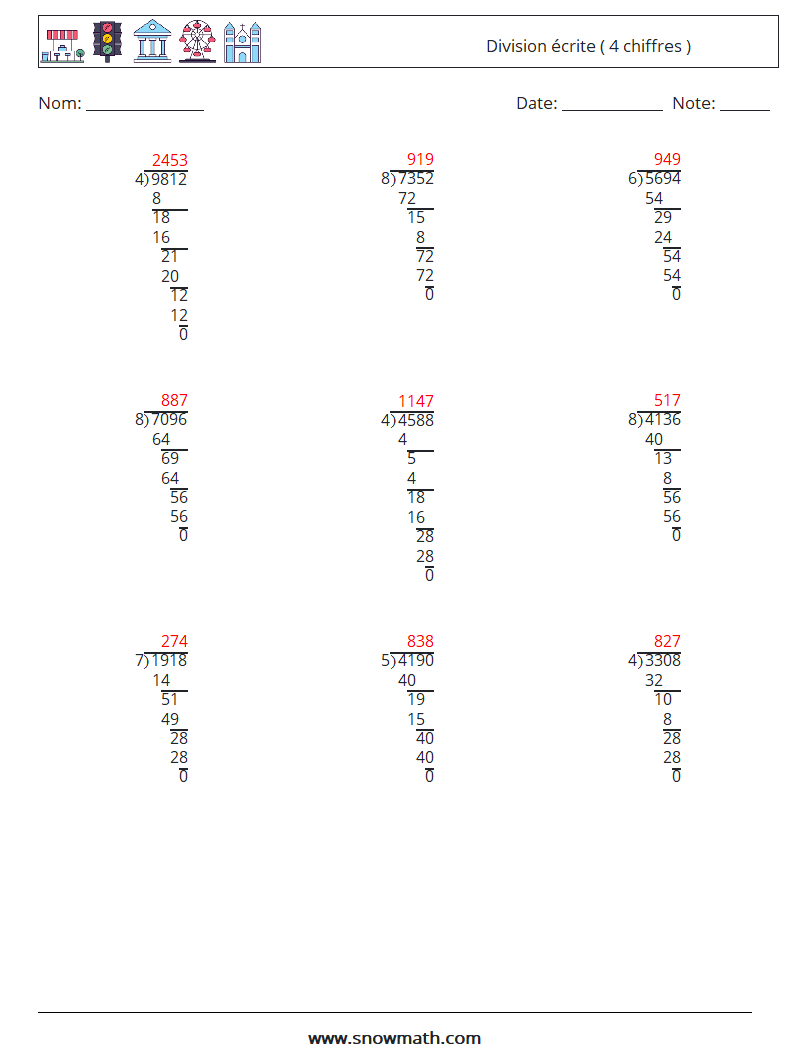 (9) Division écrite ( 4 chiffres ) Fiches d'Exercices de Mathématiques 10 Question, Réponse