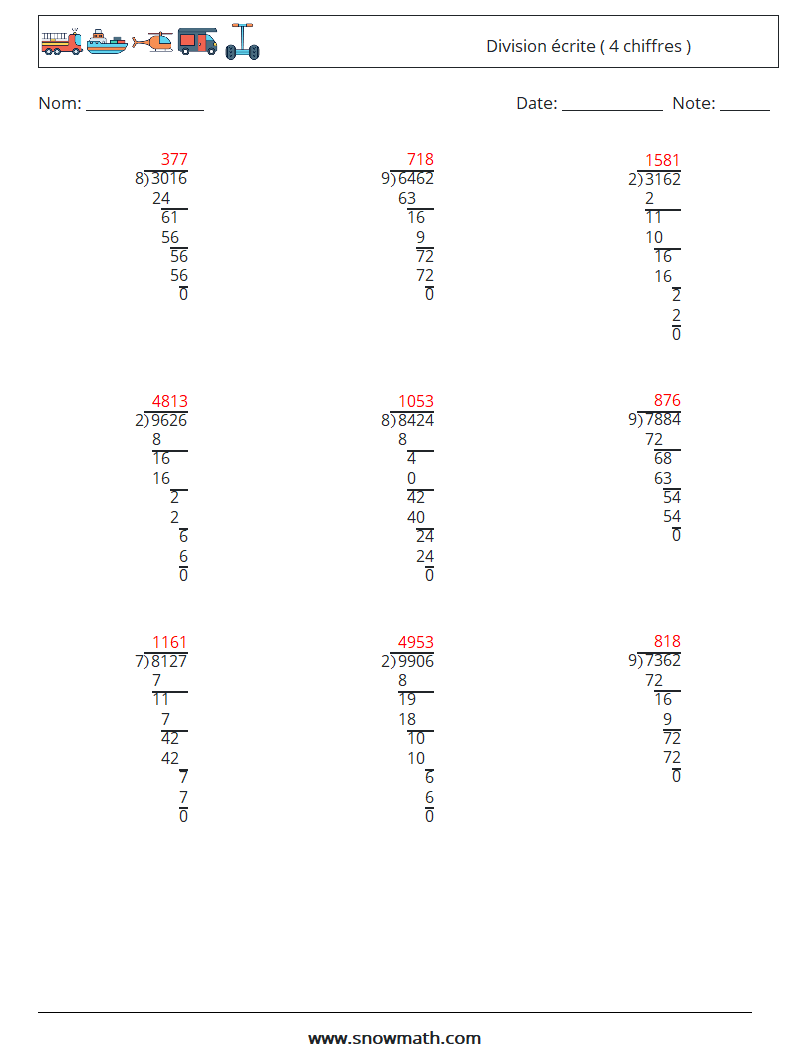 (9) Division écrite ( 4 chiffres ) Fiches d'Exercices de Mathématiques 11 Question, Réponse