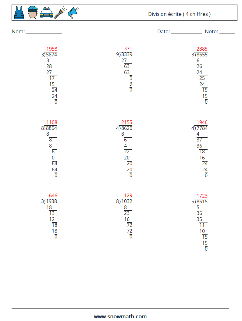 (9) Division écrite ( 4 chiffres ) Fiches d'Exercices de Mathématiques 12 Question, Réponse