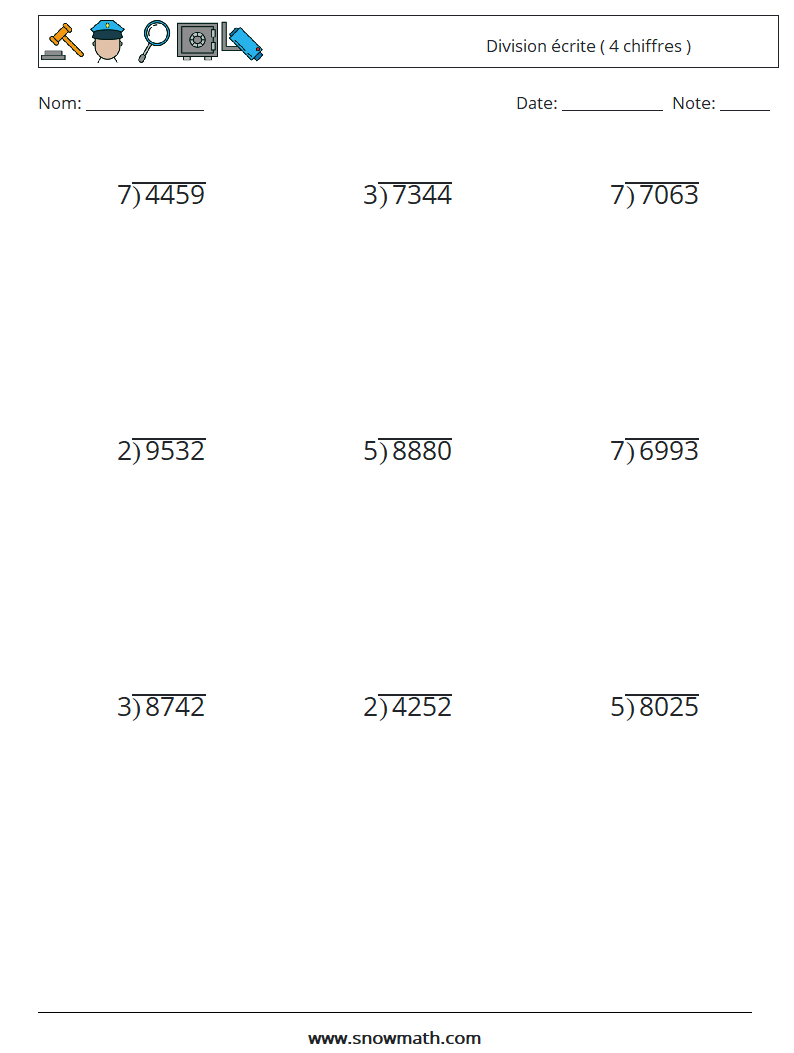 (9) Division écrite ( 4 chiffres ) Fiches d'Exercices de Mathématiques 13
